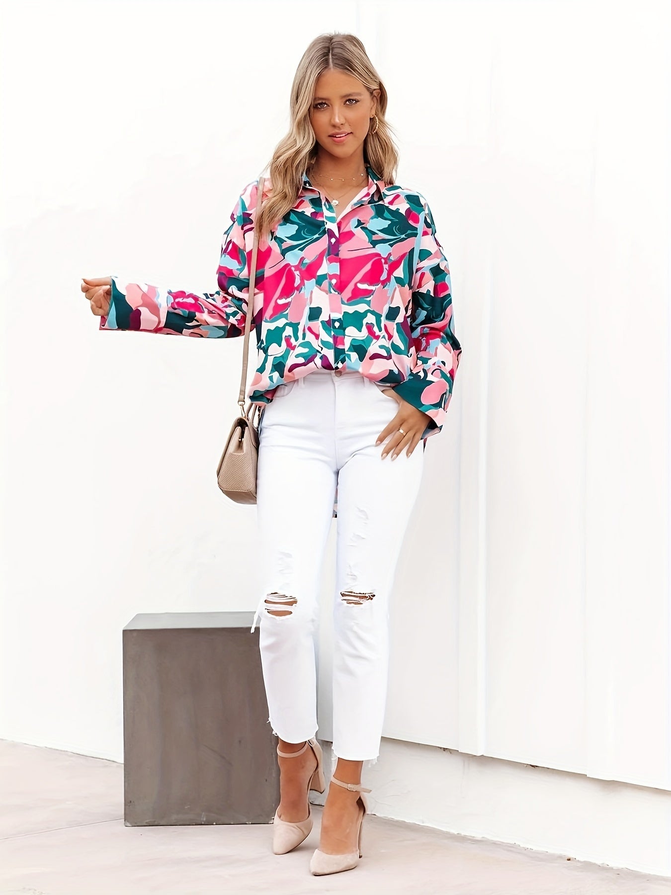  Colorblock Allover Print Button Up Blouse