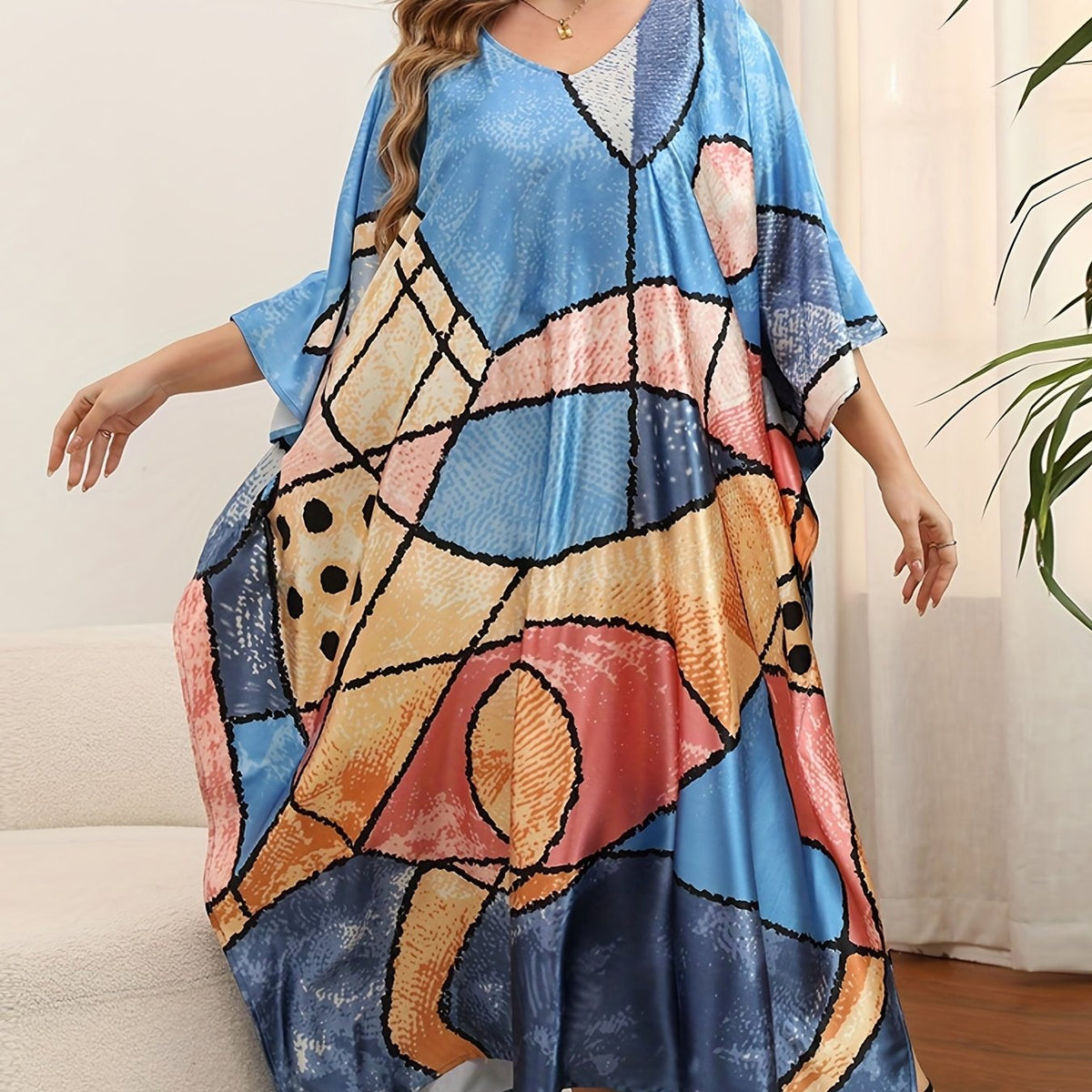  Boho Cover Up Geo Print Split Kaftan Cover Up Dress