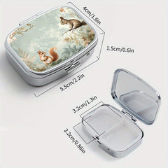 Squirrel Floral Print Pill Organizer Metal Case for Vitamins