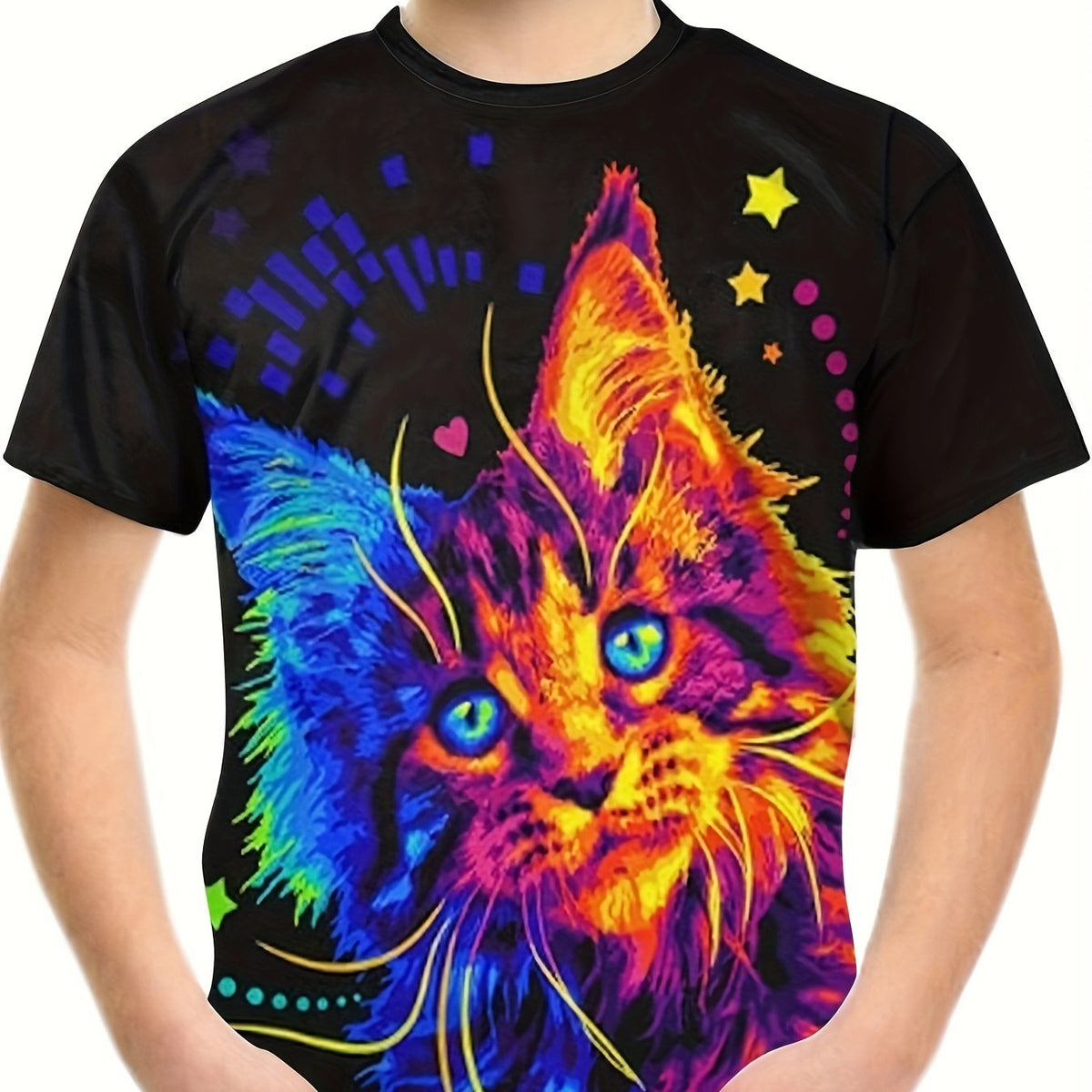 Boys Kitten Print Casual Tee Tops Kids Short Sleeve Crew Neck Summer T shirt