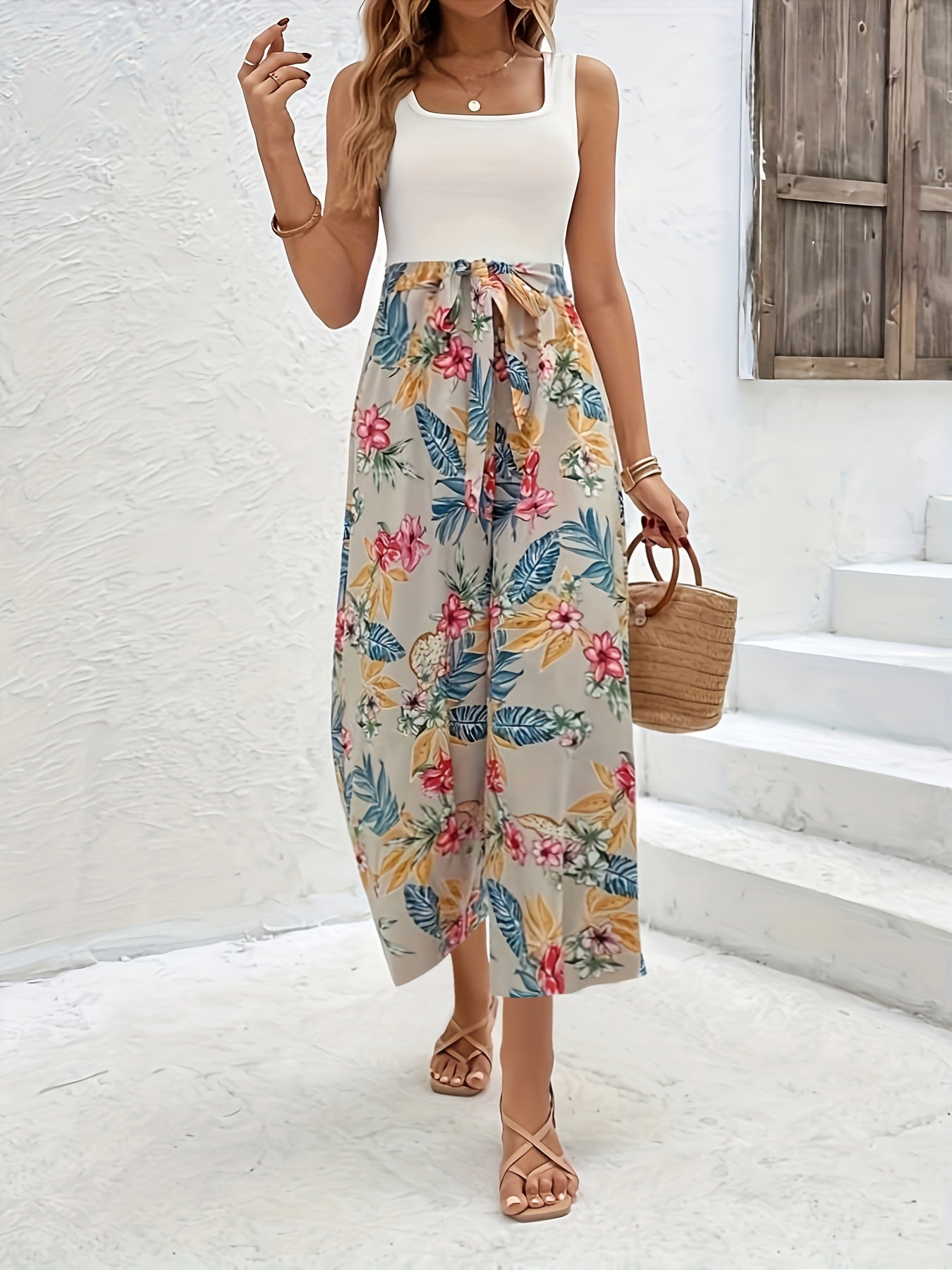  Tropical Print Tie Front Boho Pants