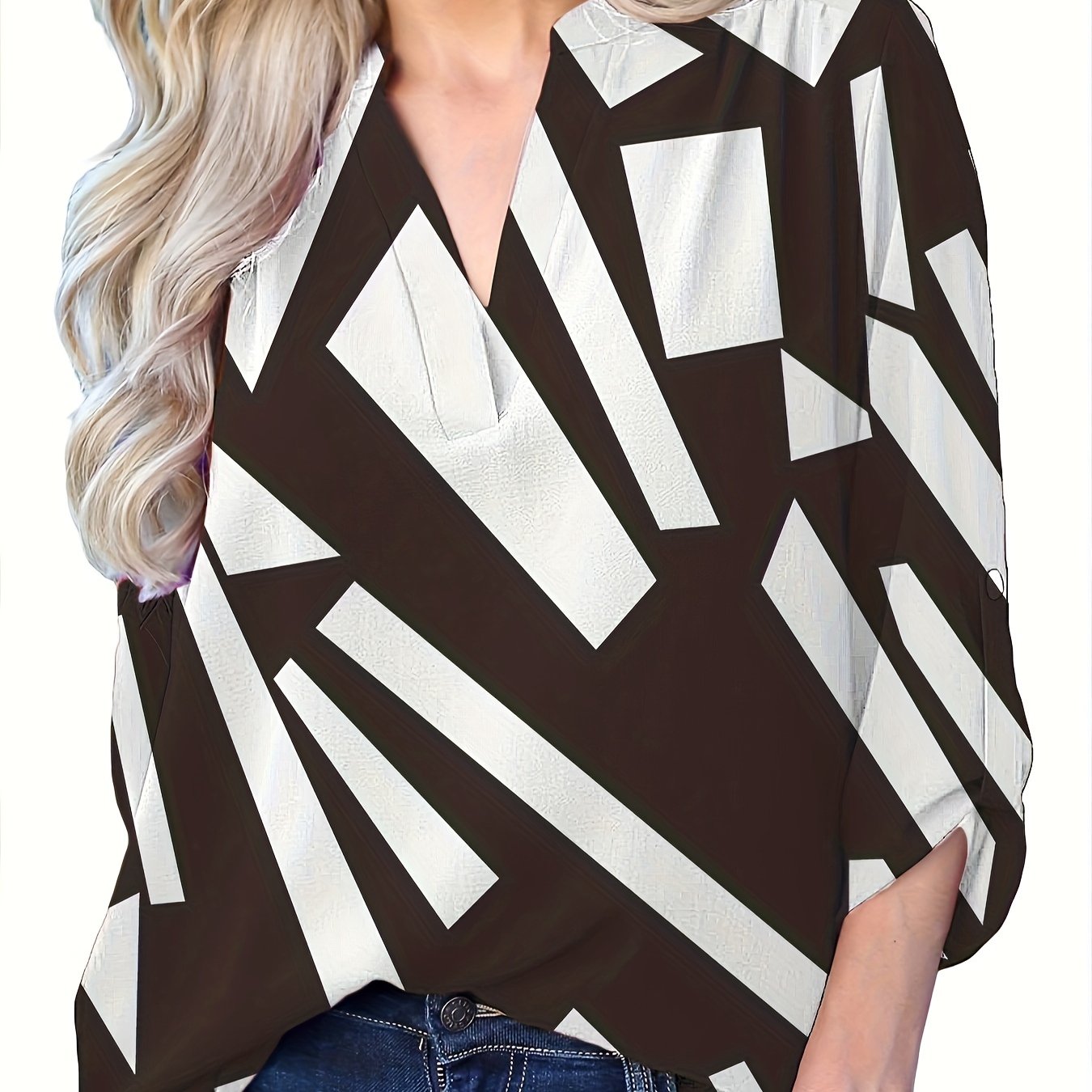  Colorblock Geometric Print Notched Neck Blouse