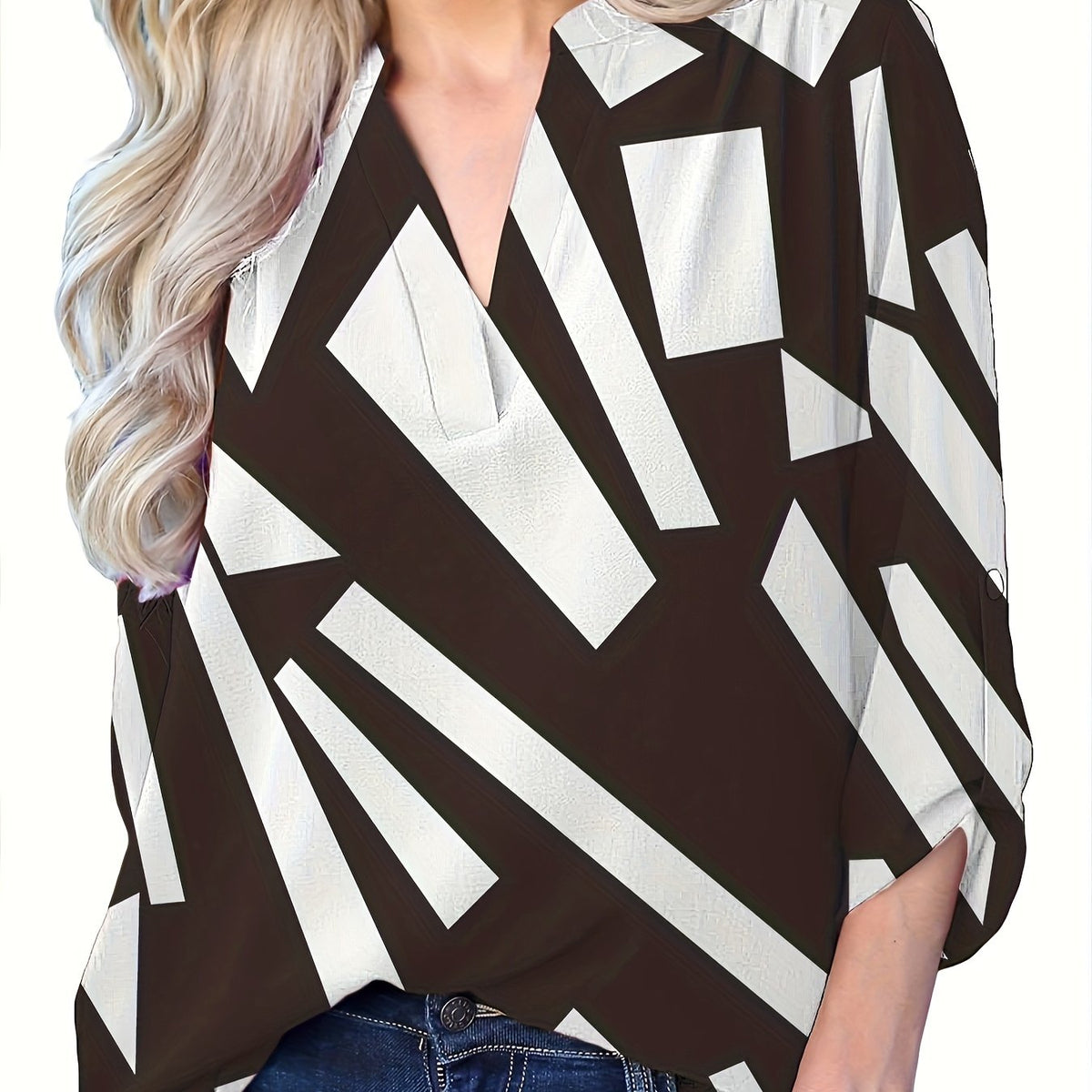  Colorblock Geometric Print Notched Neck Blouse