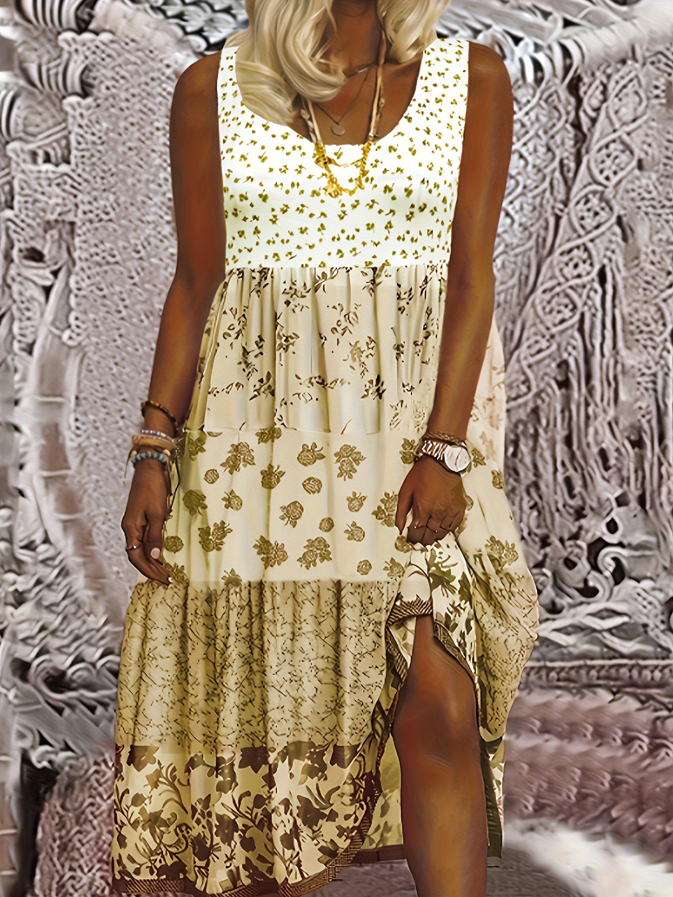  Colorblock Floral Print Round Neck Smock Dress