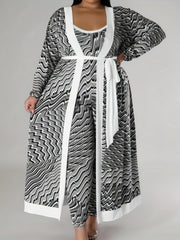  Colorblock Striped Cardigan & Jumpsuit Set