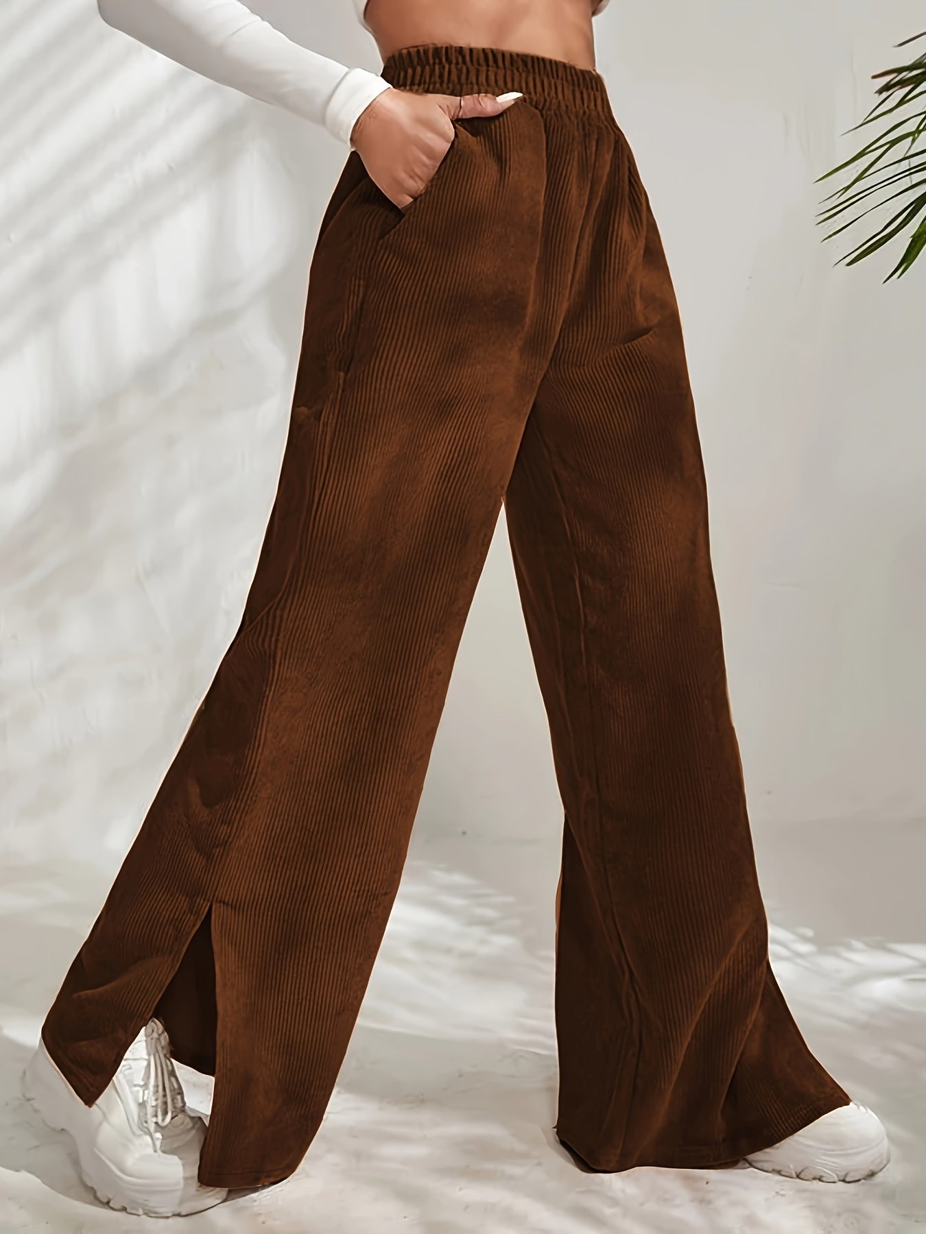  Corduroy Wide Leg Pants High Rise Side Split Pockets
