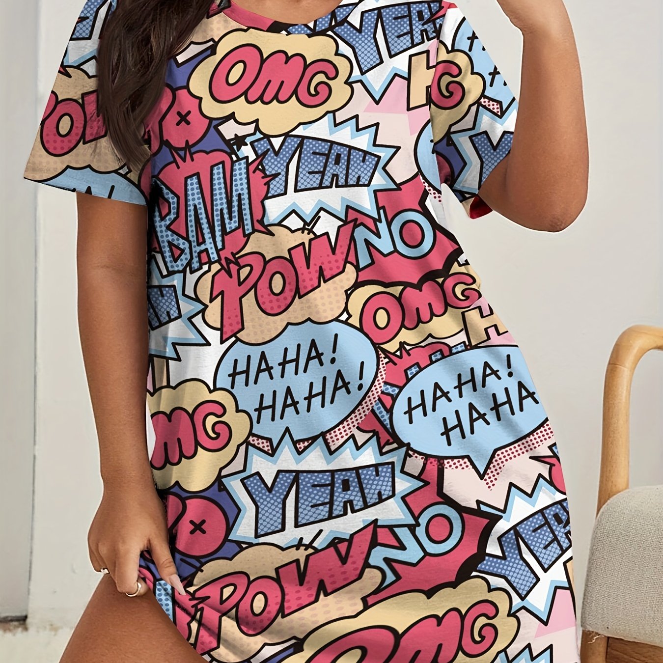  Pop Art Print Round Neck Sleep Dress