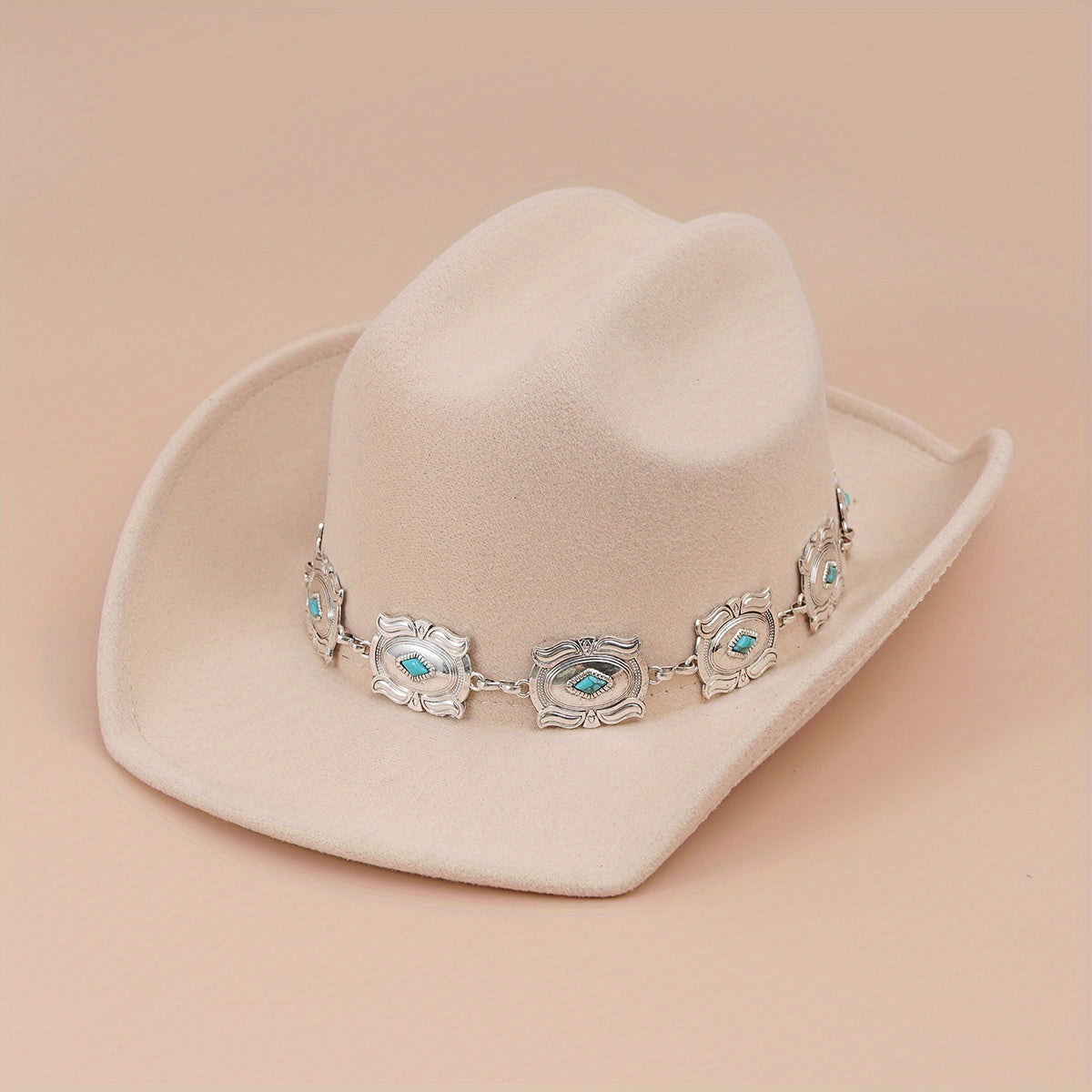 Western Cowboy Hat with Oval Stone Iron Chain Decoration