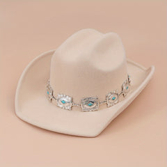 Western Cowboy Hat with Oval Stone Iron Chain Decoration