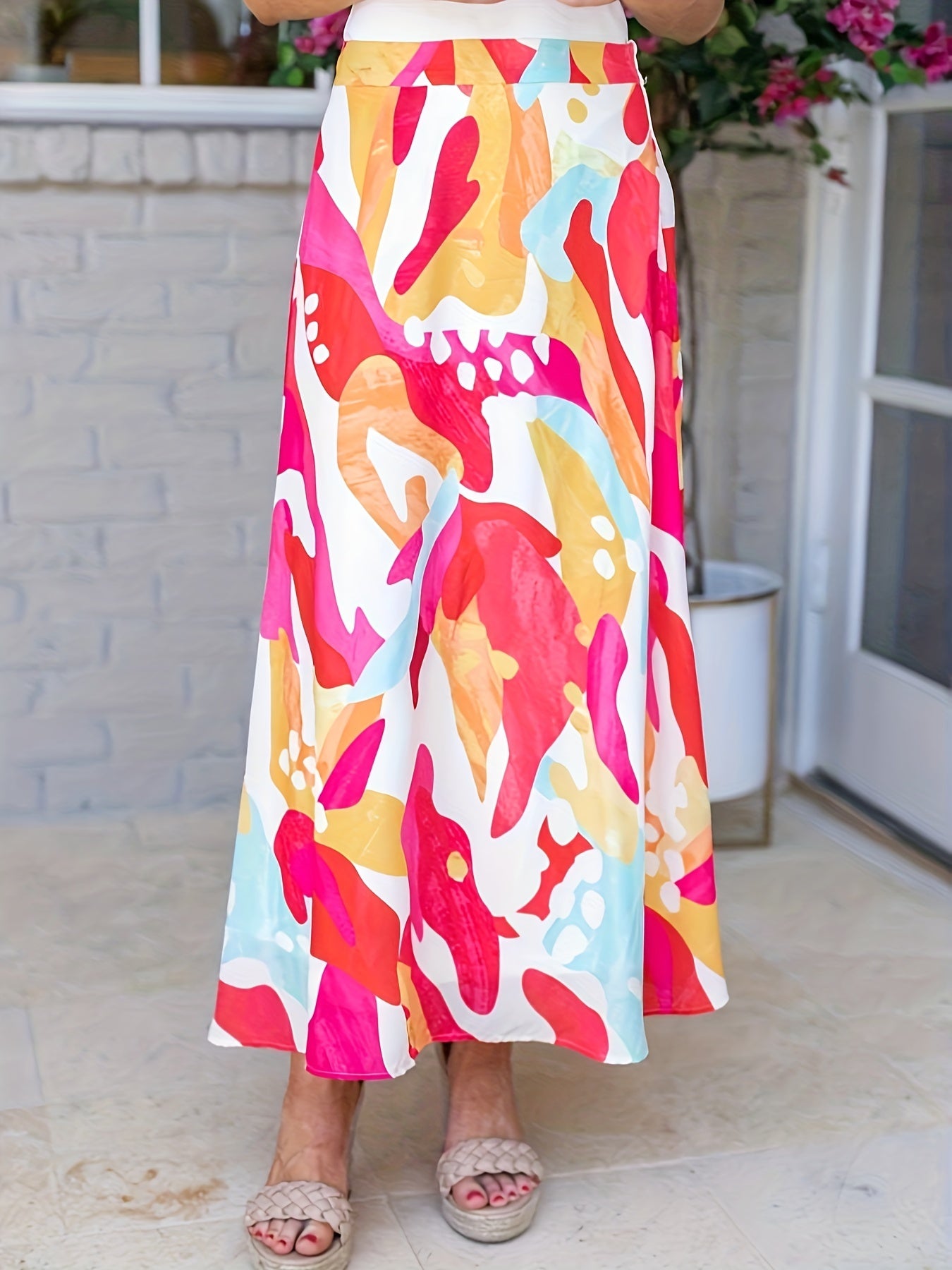  Boho Skirt Contrast Print High Rise Maxi Skirt