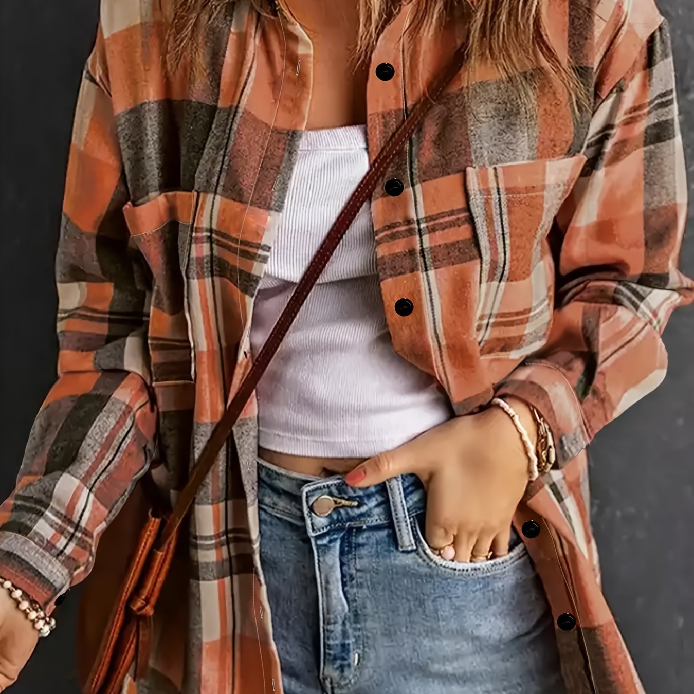  Plaid Print Long Sleeve Button Up Collar Shirt