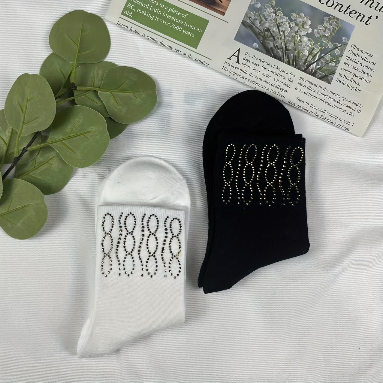 5 Pairs Rhinestone Decor Socks, Comfy & Breathable, Women's Mid Tube Stockings