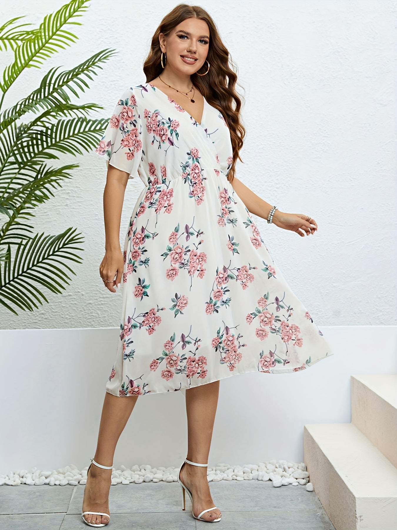  Floral Print Flutter Sleeve Midi Dress