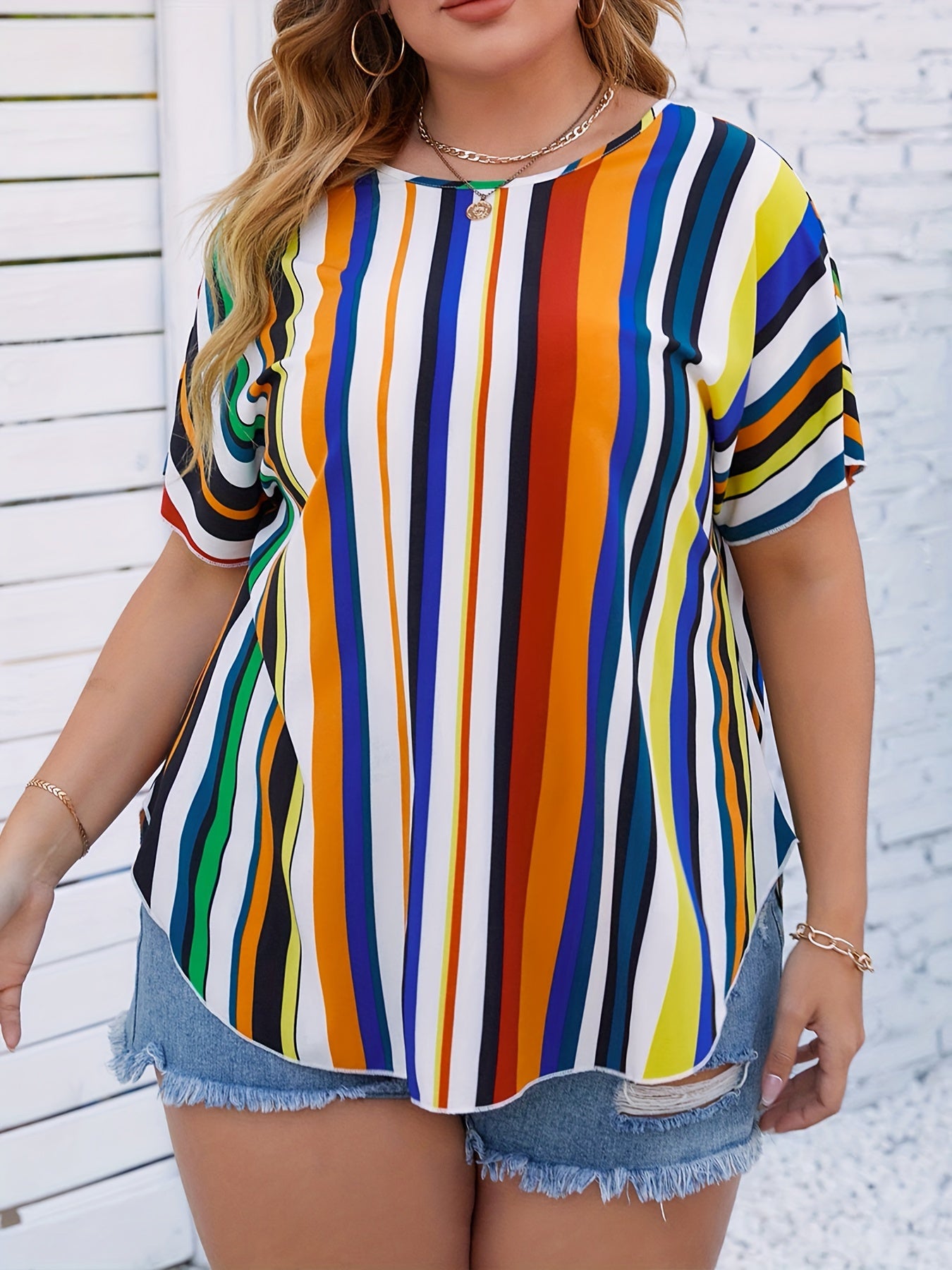  Colorblock Stripe Print Short Sleeve Top