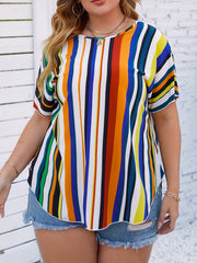  Colorblock Stripe Print Short Sleeve Top