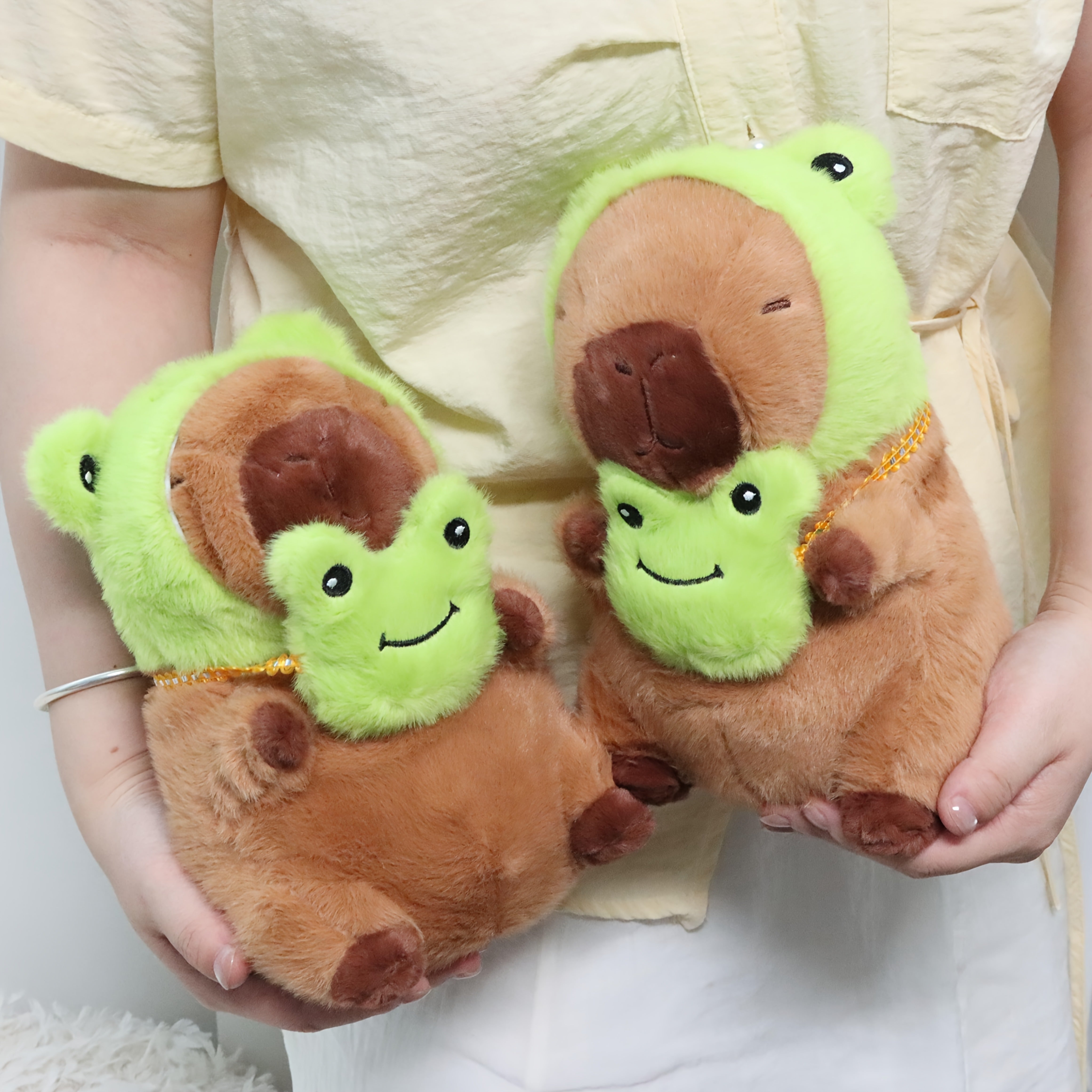 Soft Capybara Plush with Frog Hat & Bag Anime Style Brown & Green Cuddly Doll