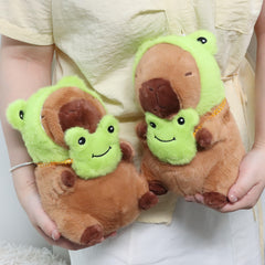 Soft Capybara Plush with Frog Hat & Bag Anime Style Brown & Green Cuddly Doll