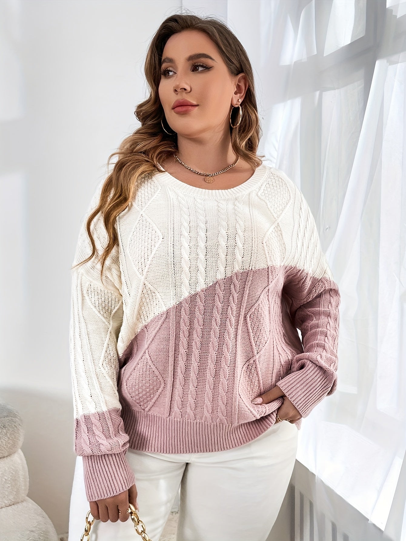  Colorblock Cable Long Sleeve Sweater