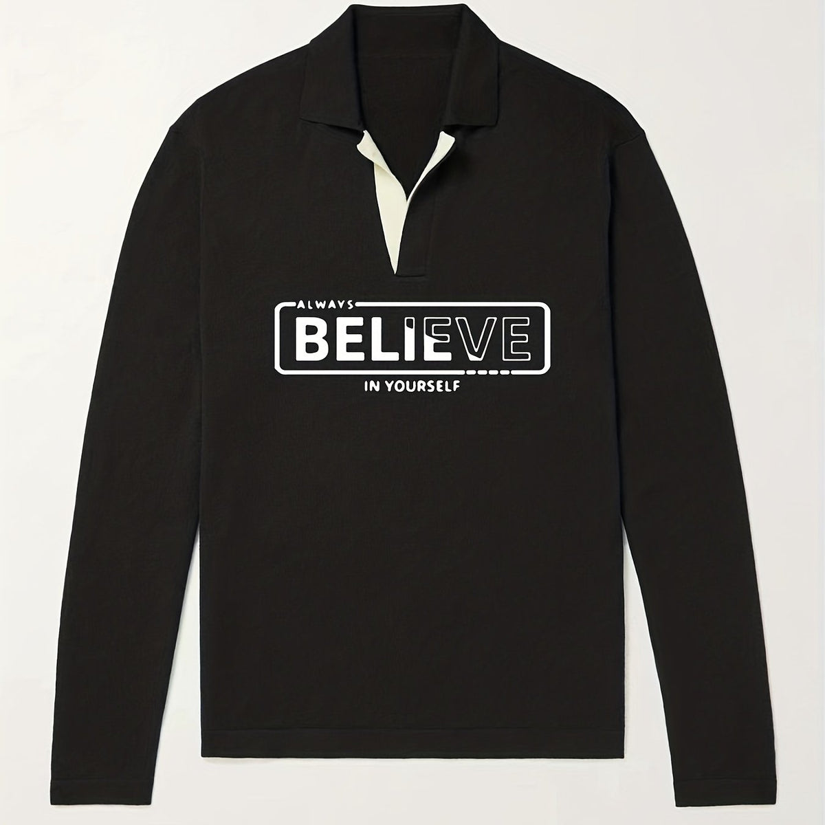 BELIEVE Pattern Knit Polo Shirt Men's Casual Lapel Pullover Sweater