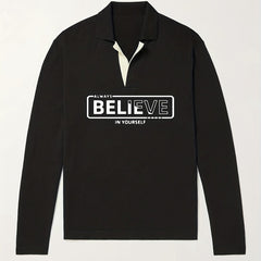 BELIEVE Pattern Knit Polo Shirt Men's Casual Lapel Pullover Sweater