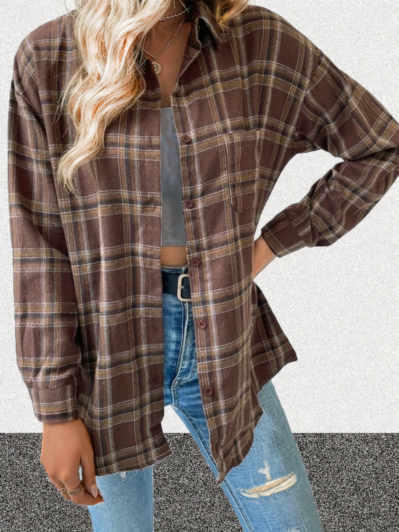  Plaid Print Long Sleeve Button Up Shirt Top