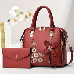 Women's Floral Embroidered Handbag Set with Clutch