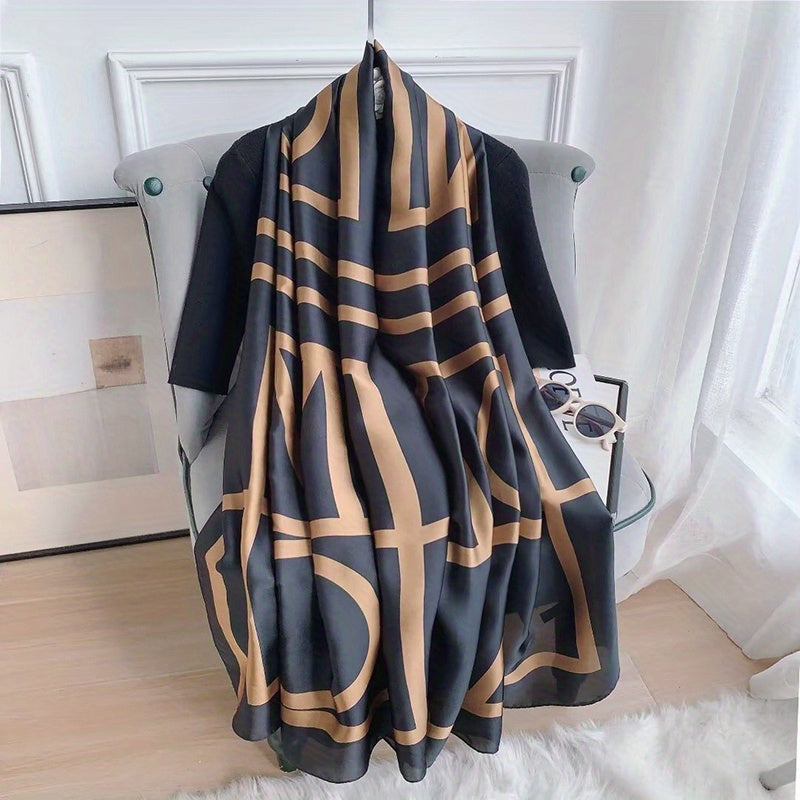 Geometric Stripe Print Scarf Large Satin Shawl Silk Windproof Head Wrap
