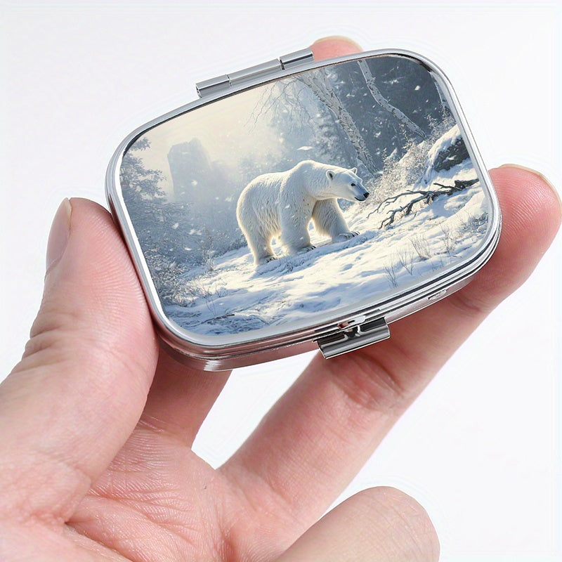 Polar Bear Print Pill Organizer 2 Compartment Metal Case for Travel & Outdoor