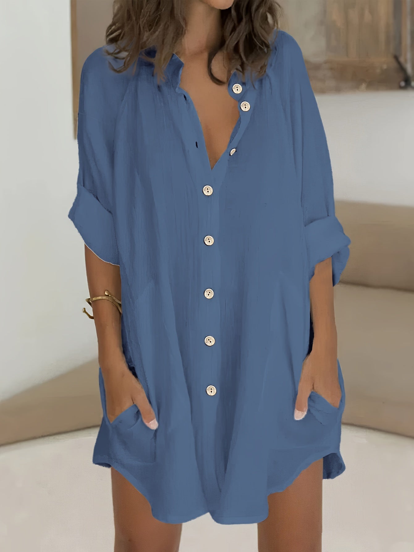  Solid Long Sleeve Button Up Blouse
