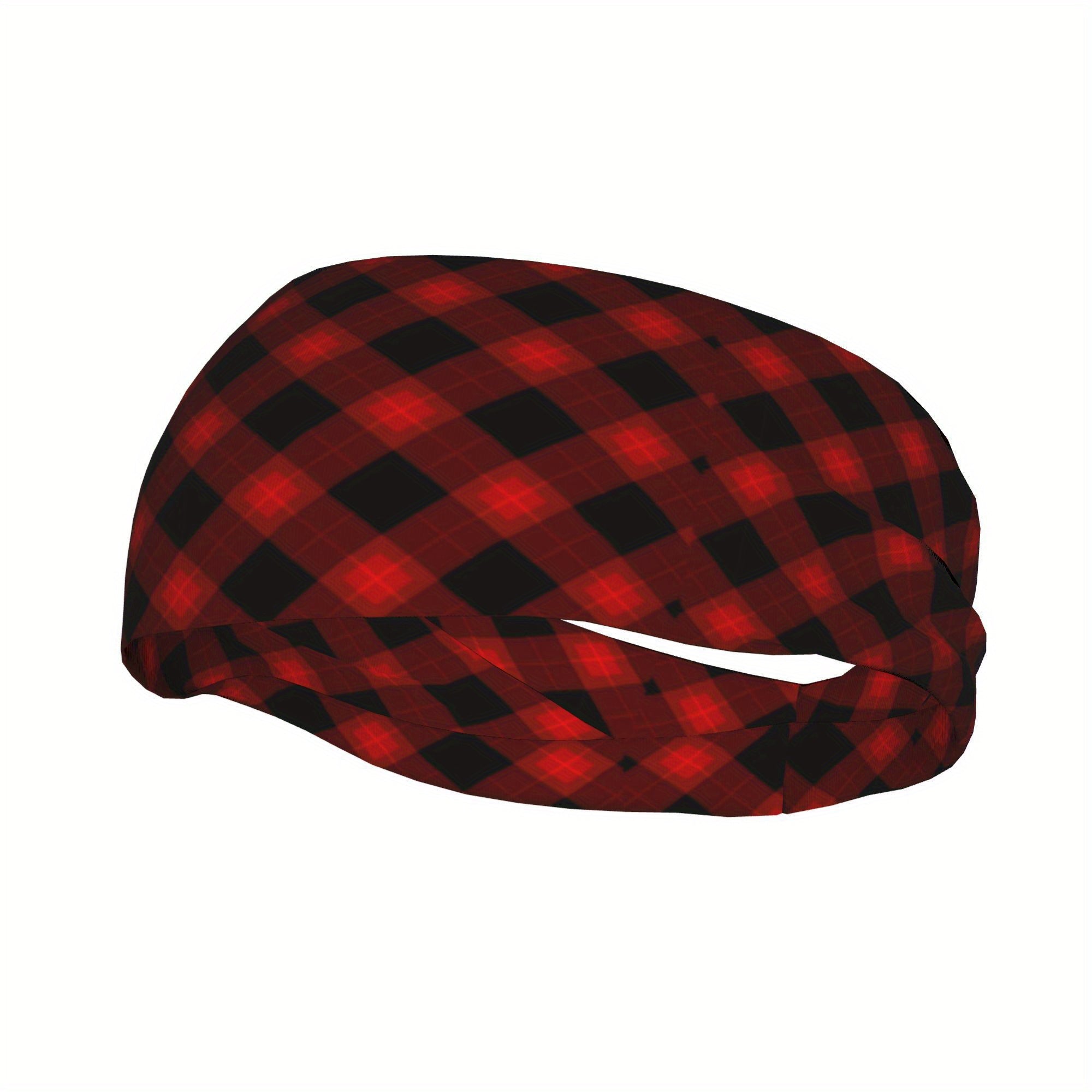 Vintage Plaid Headband Red Checkered Elastic Fit Sports Headwear