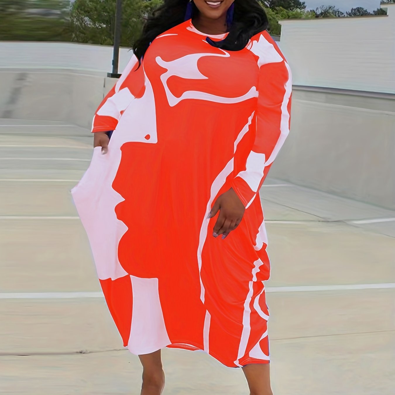  Abstract Print Long Sleeve Baggy Dress