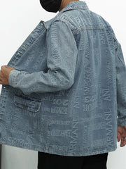 Letter Print Denim Jacket Men's Casual Lapel Button Up Coat