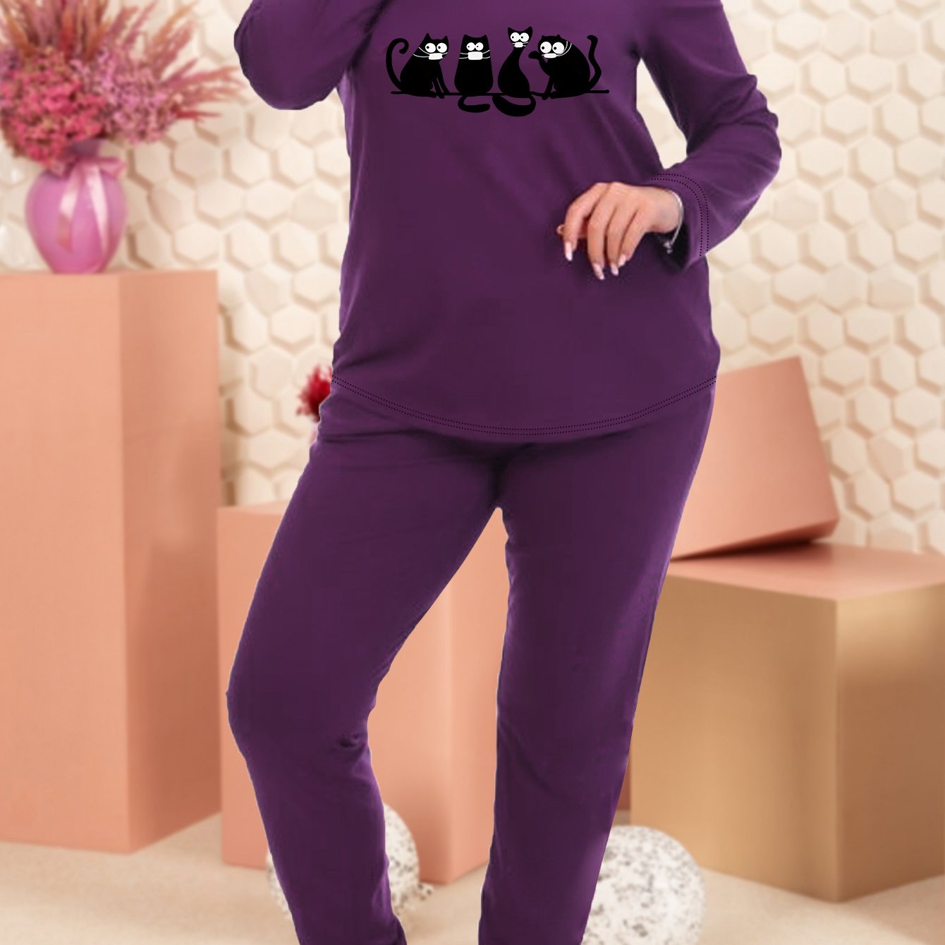  Cats & Letter Print Long Sleeve Tee & Joggers Lounge Set