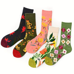5 Pairs Floral Print Mid Tube Socks for Women