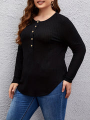  Casual Sweater Solid Button Decor Long Sleeve Crew Neck Top