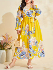  Floral Print Lantern Sleeve Dress With Belt