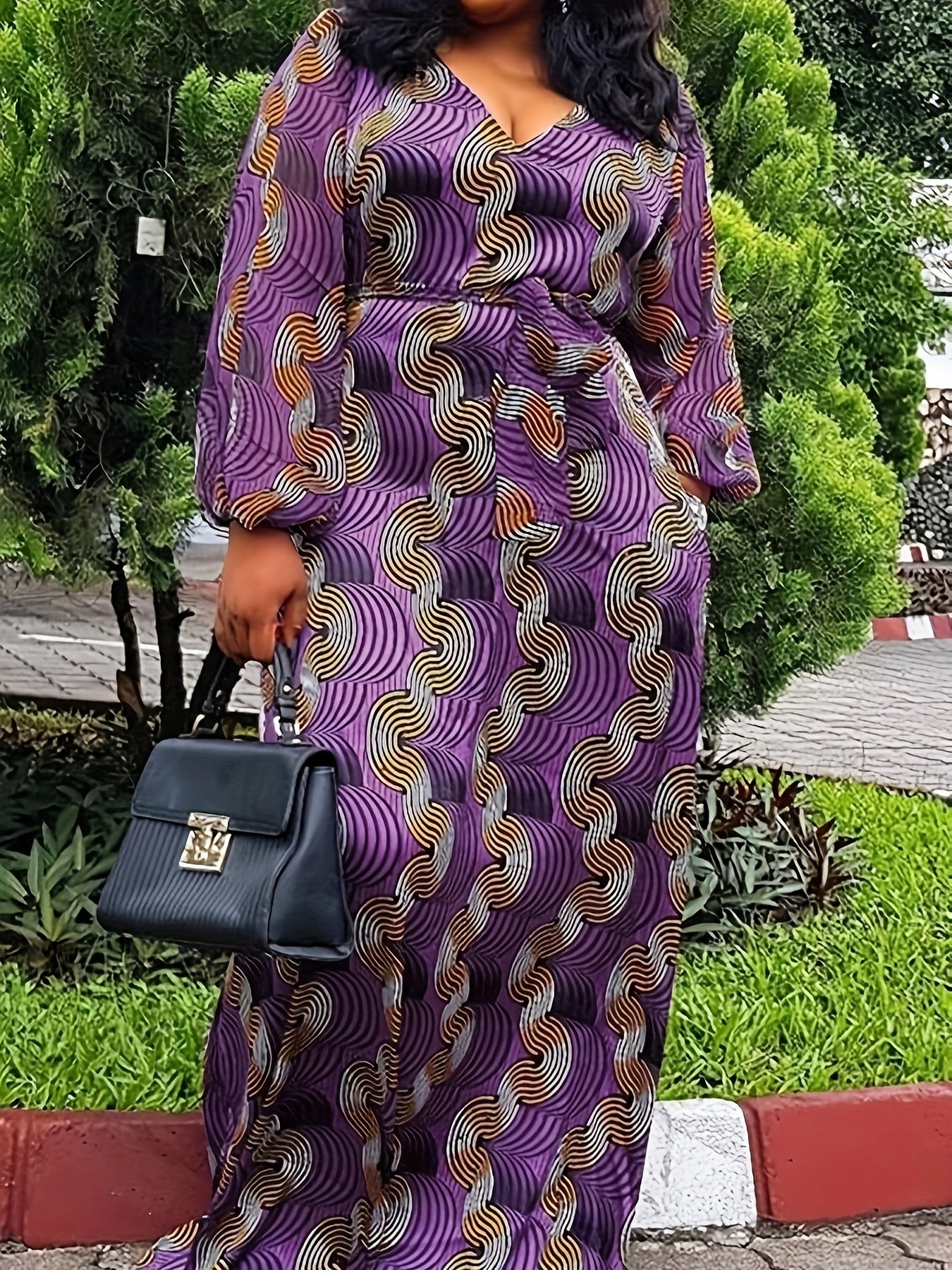  Sexy Geometric Print Lantern Sleeve Maxi Dress With Belt