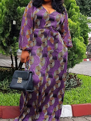  Sexy Geometric Print Lantern Sleeve Maxi Dress With Belt