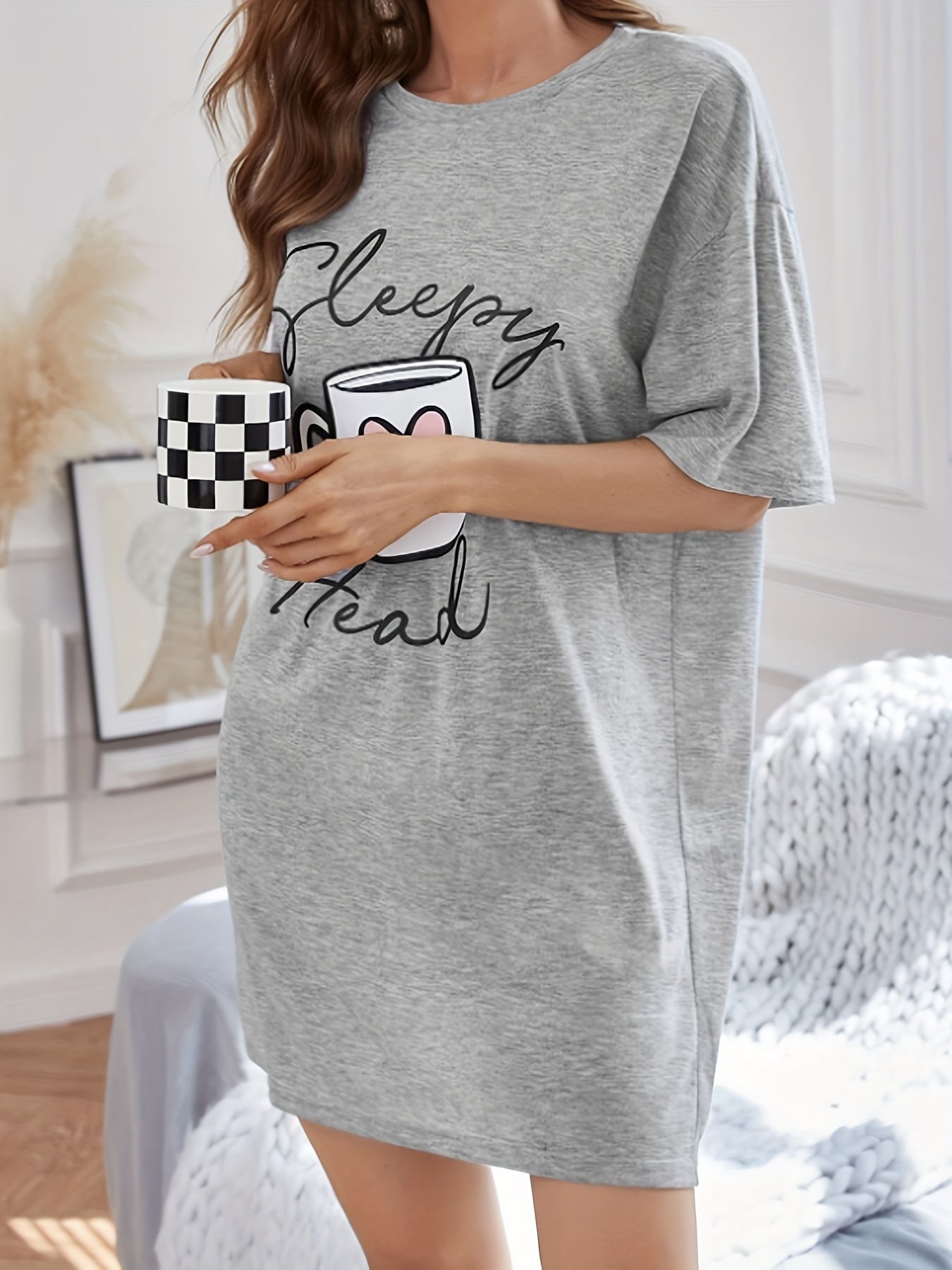 Cup & Letter Print NightDress Short Sleeve Crew Neck Pajama Dress