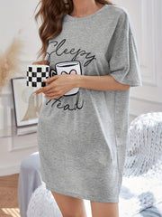 Cup & Letter Print NightDress Short Sleeve Crew Neck Pajama Dress