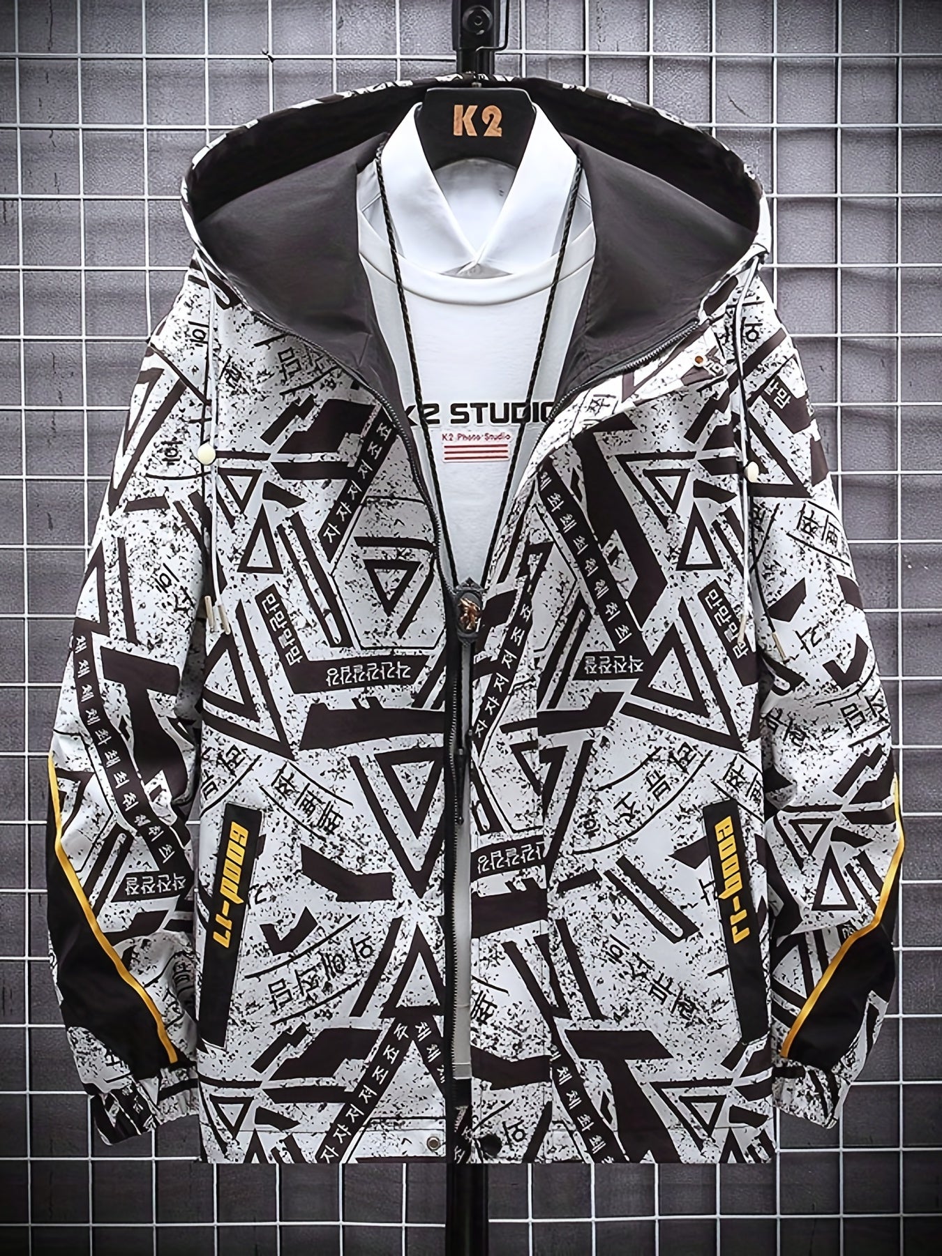 Geometric Pattern Hooded Windbreaker Jacket Men's Zip Up Jacket