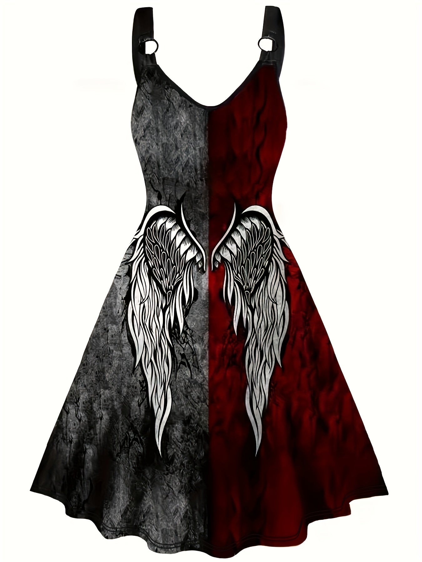  Halloween Goth Dress Colorblock Wing Print V Neck A Line Tank
