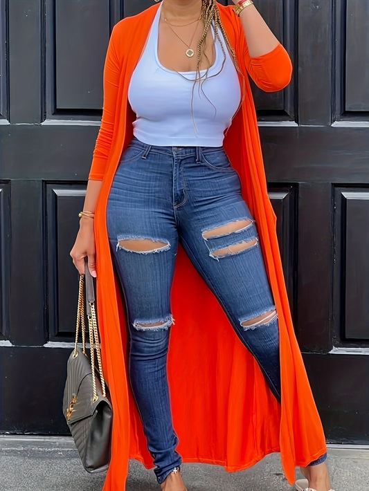 Solid Long Sleeve Open Front Maxi Cardigan