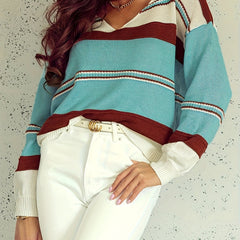  Colorblock Stripe Print V-Neck Sweater