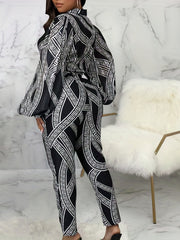  Greek Print Lantern Sleeve Jumpsuit