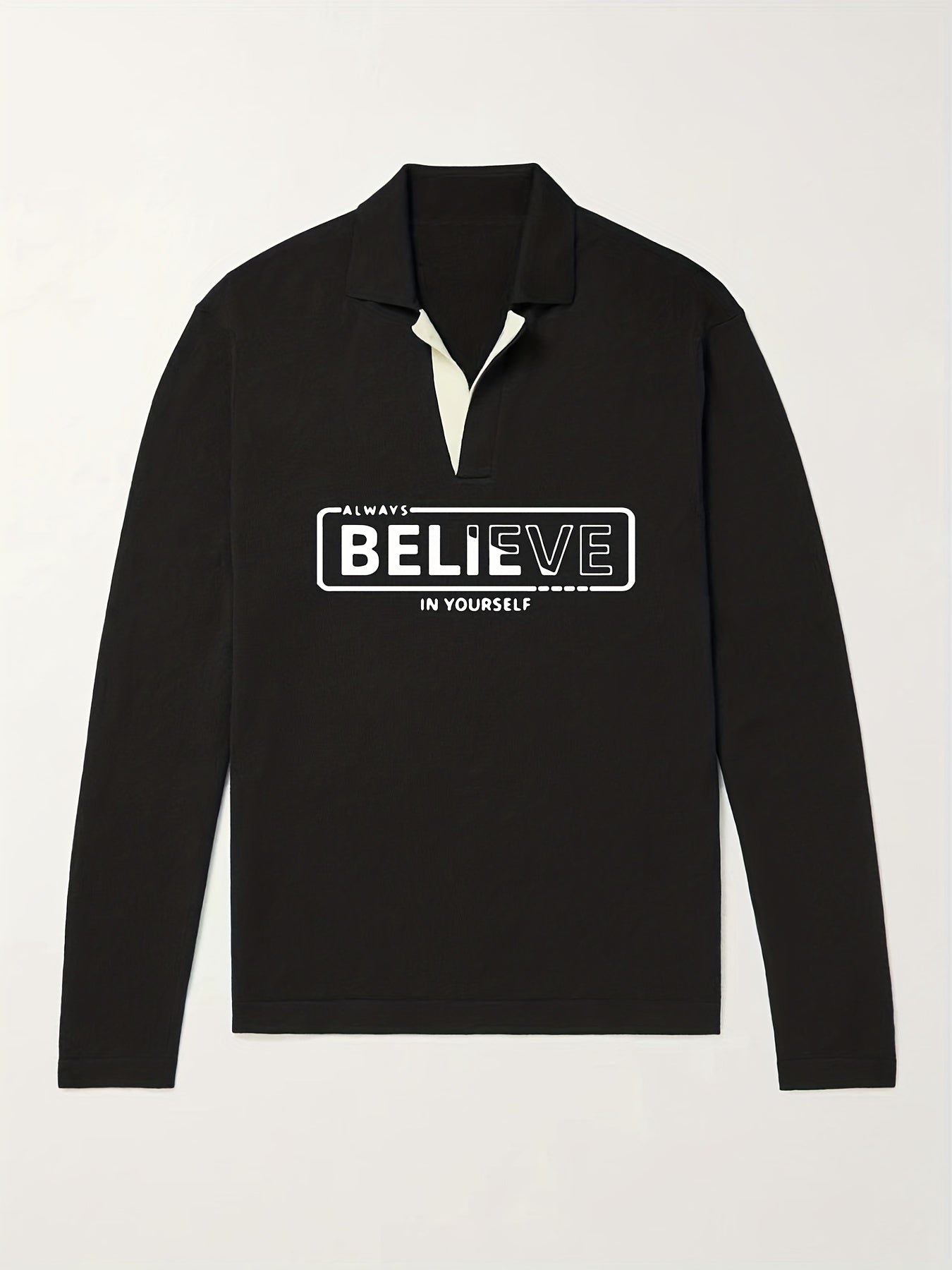 BELIEVE Pattern Knit Polo Shirt Men's Casual Lapel Pullover Sweater