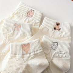 5 Pairs Casual Solid Socks Breathable Animal Pattern Low Cut Ankle Socks