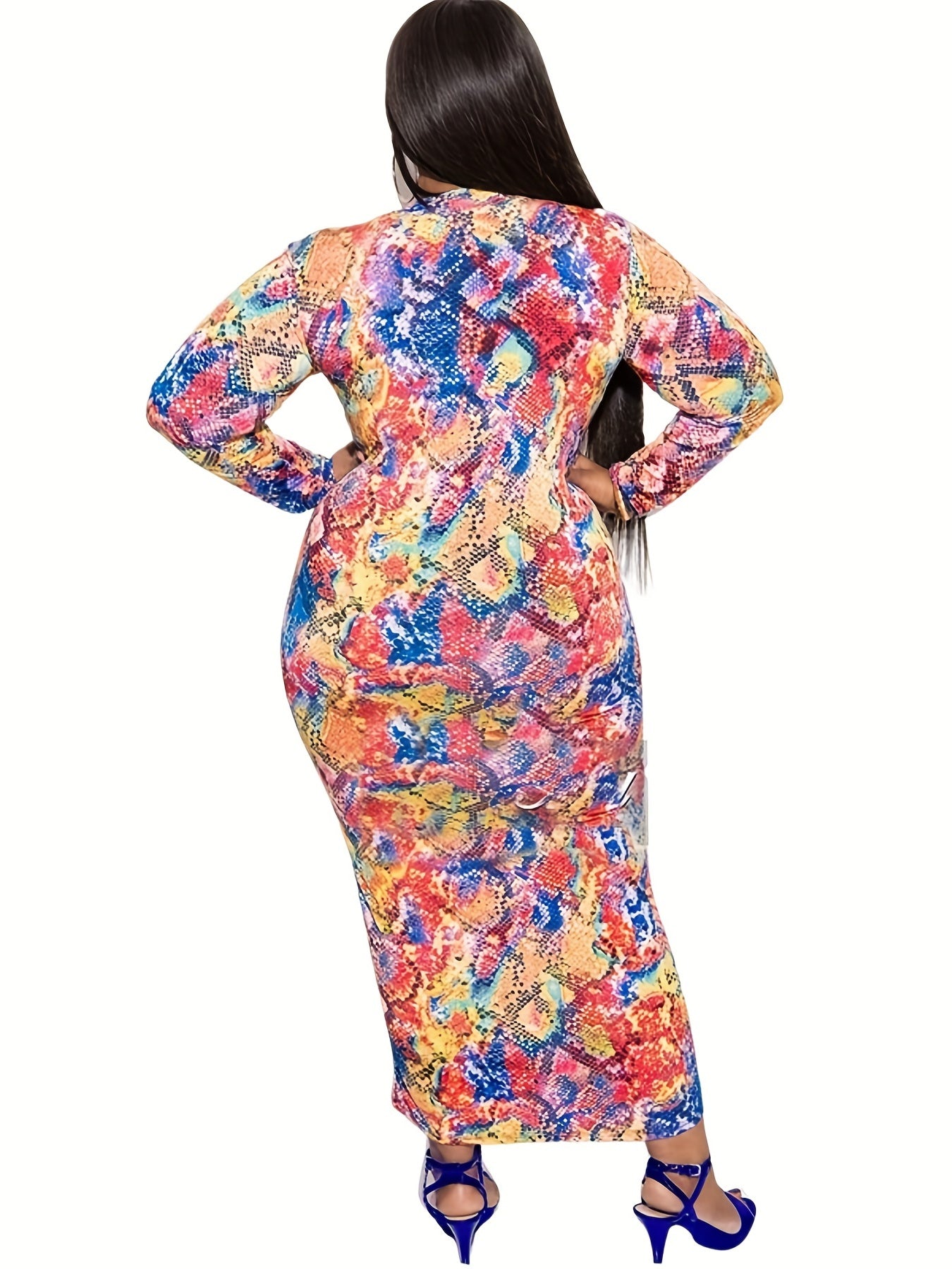 Women's Plus Snakeskin Print Long Sleeve Mock Neck Dress