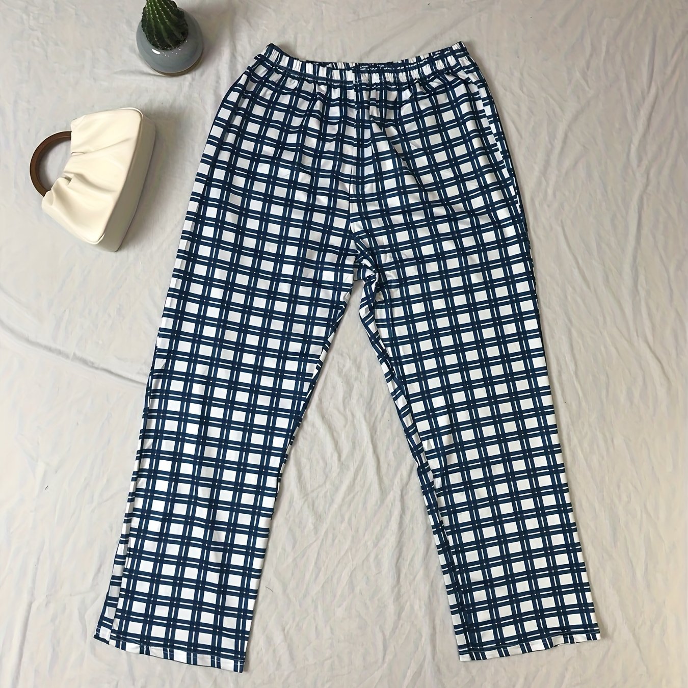  Plaid Print Elastic Waist Sleepwear Pants