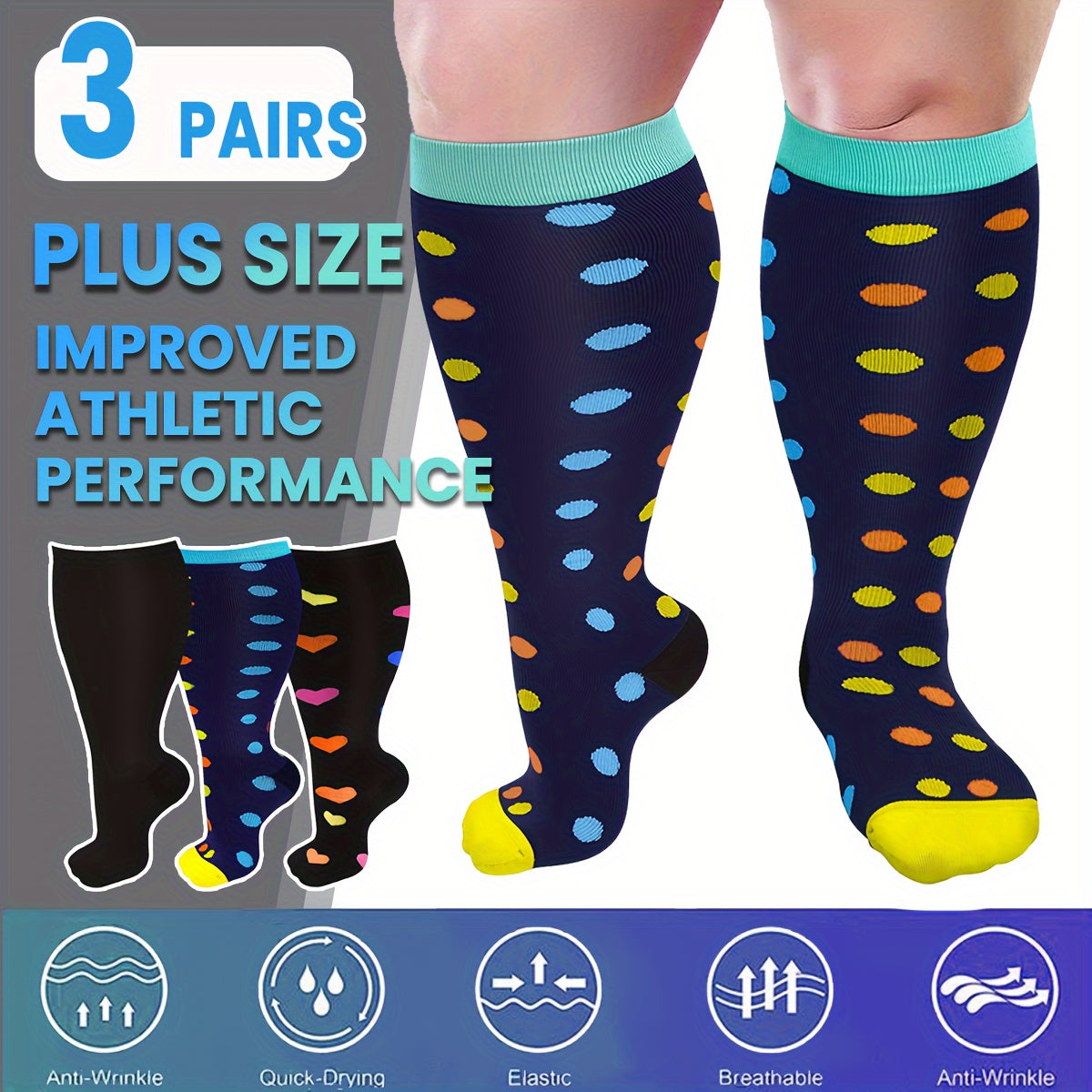 3 Pairs Copper Compression Socks 20-30 mmHg Knee High Wide Calf Support